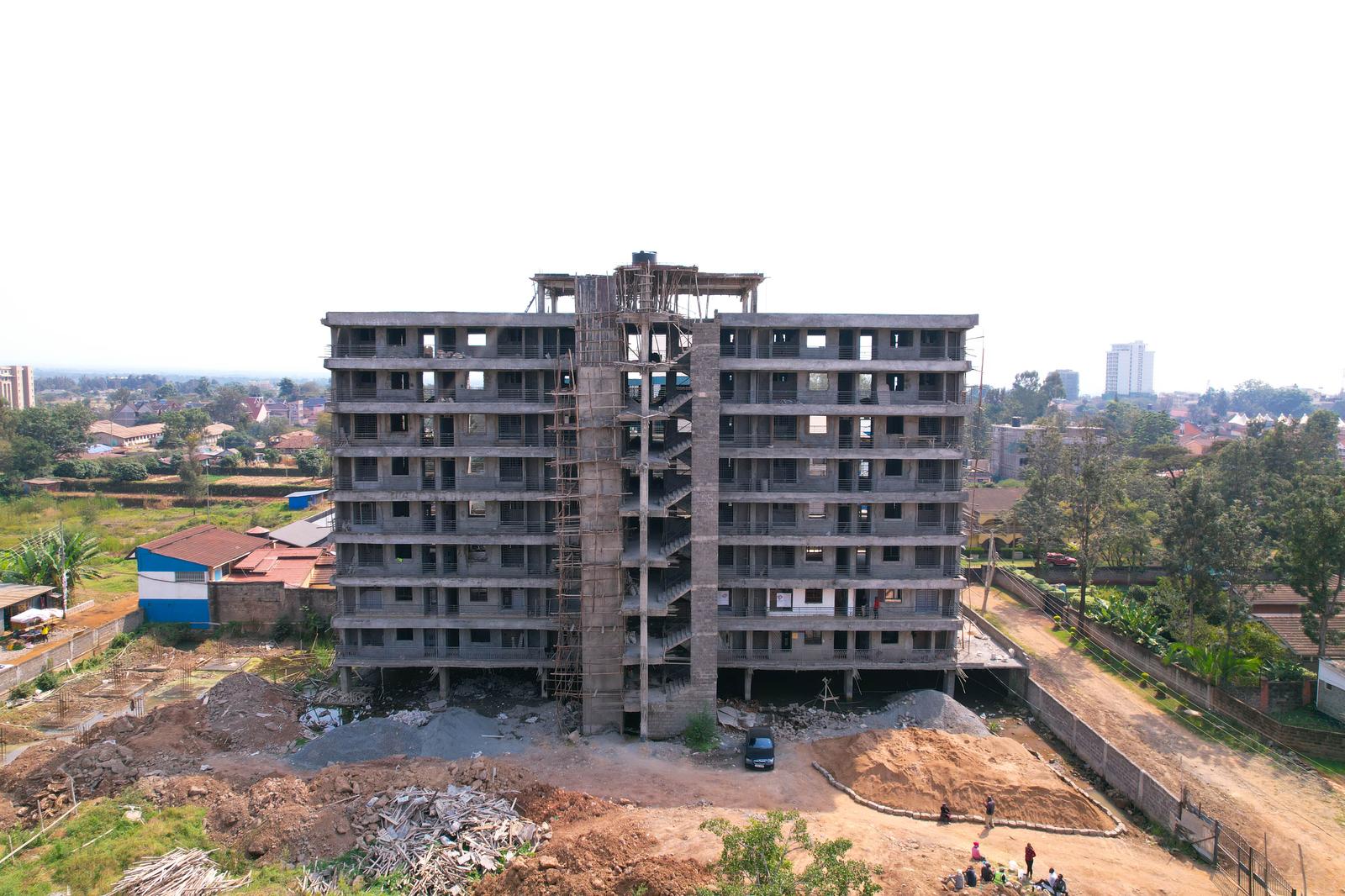 Syrich Château construction progress, front elevation aerial view